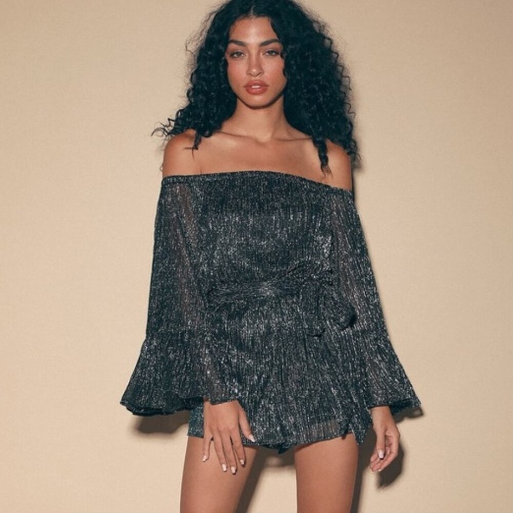 Meira Black and Silver Metallic Off-the-Shoulder Romper